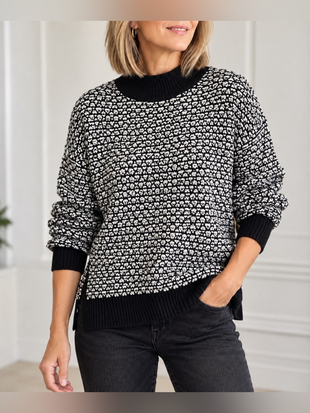 LOFT Textured Stitch Mock Neck Sweater Black White Size M Excellent Condition